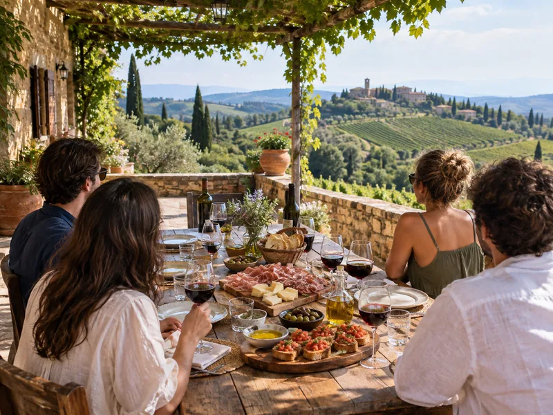 Gedeckter Tisch auf einem toskanischen Bauernhof mit Rotwein und Blick auf die Weinberge