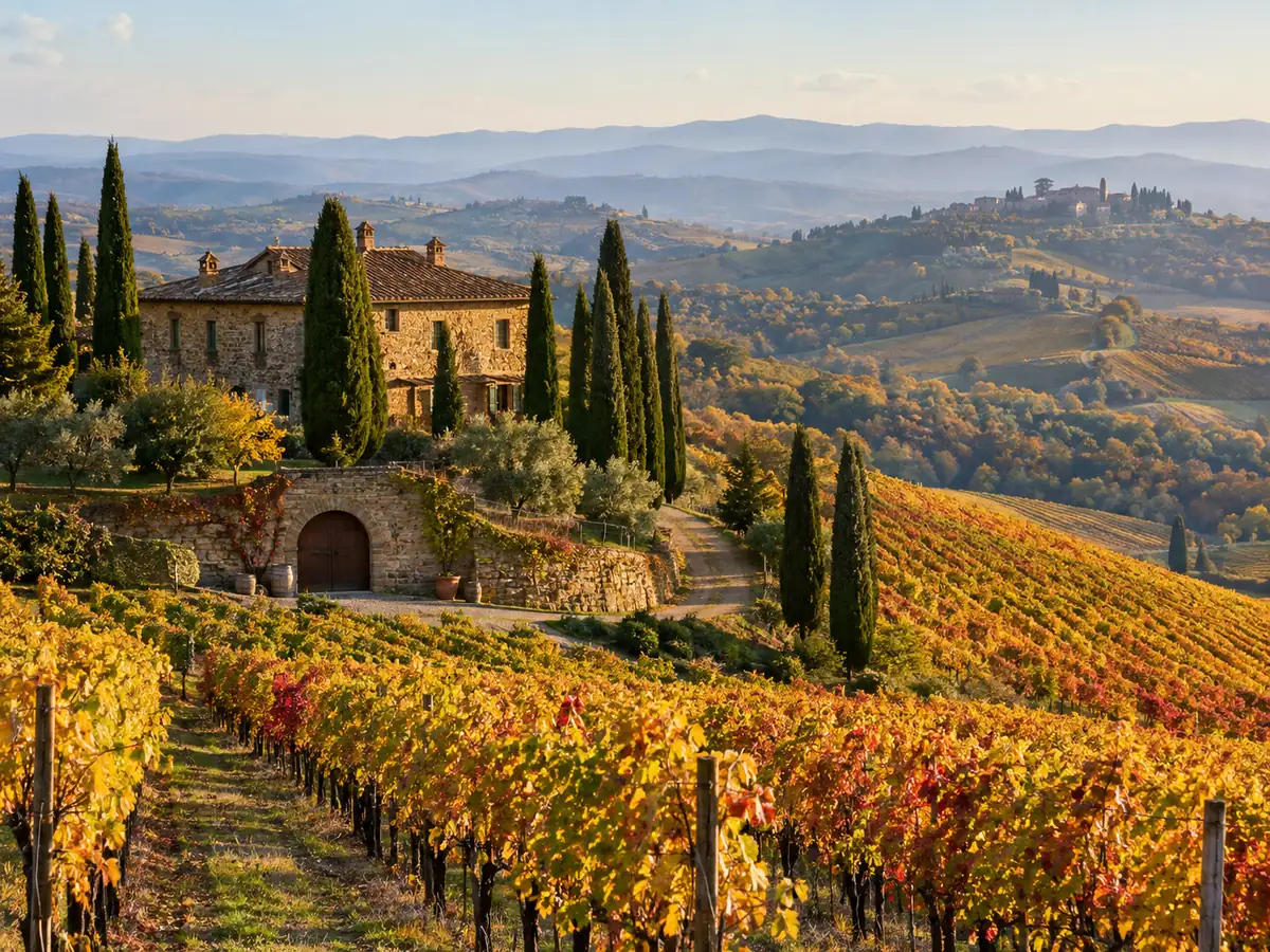 Chianti-Weinberge mit einem steinernen Bauernhaus und Zypressen