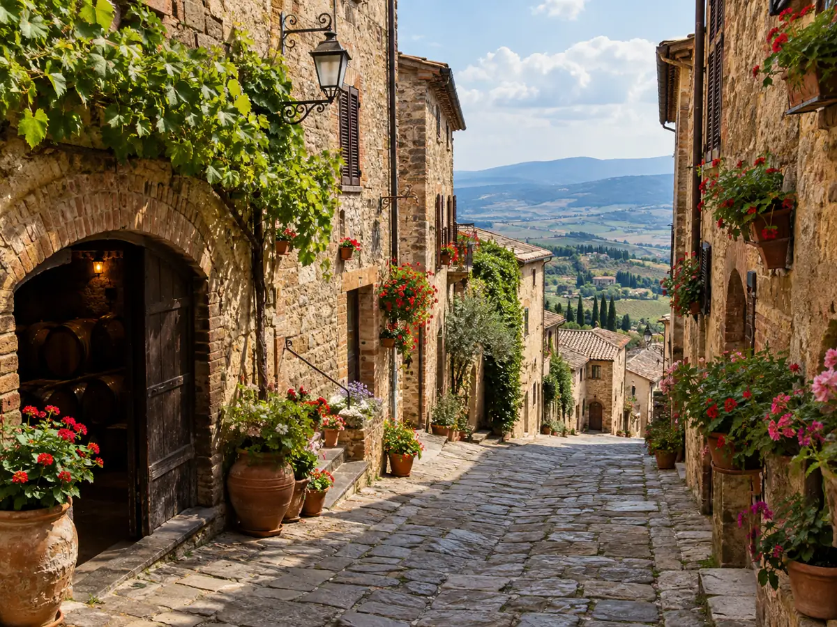 Steile Kopfsteinpflastergasse in Montepulciano mit Steinpalästen