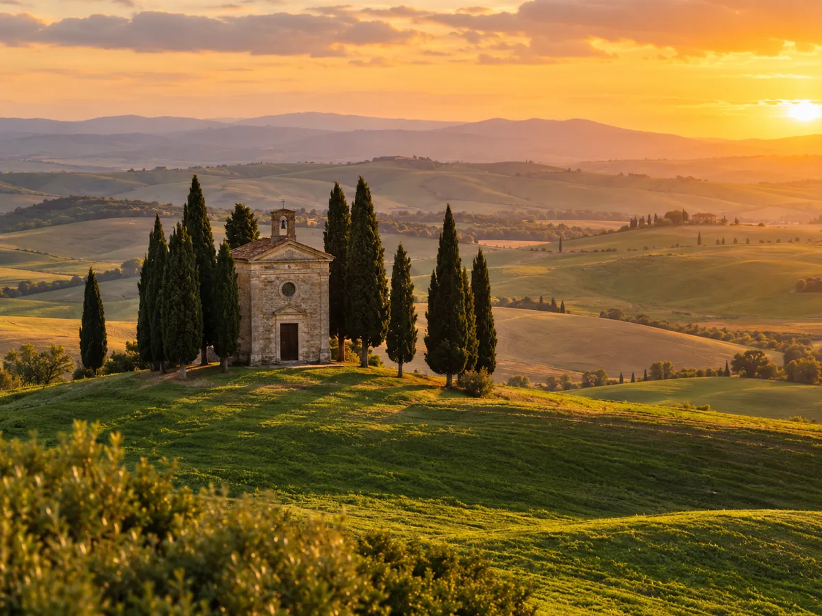 Kleine Steinkapelle, umgeben von Zypressen auf einem Hügel im Val d’Orcia